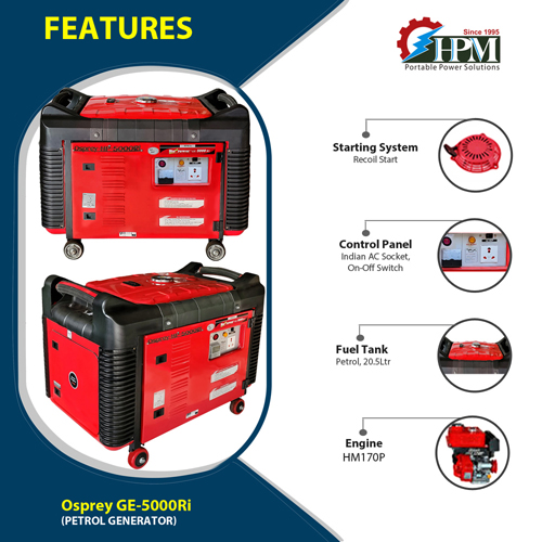 5 KVA smart Petrol Generator, with Recoil Start Model Osprey GE-5000Ri, 